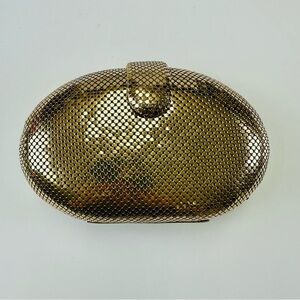 Whiting & Davis gold mesh oval clamshell clutch evening bag with long chain Glam